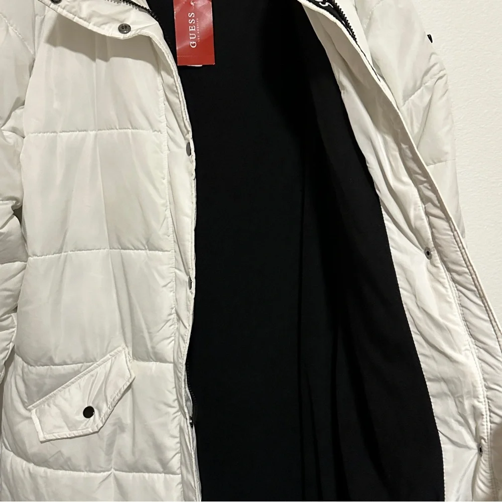 Guess White Black Longline Hooded Zip Button Puffer Jacket / Coat Size XL
